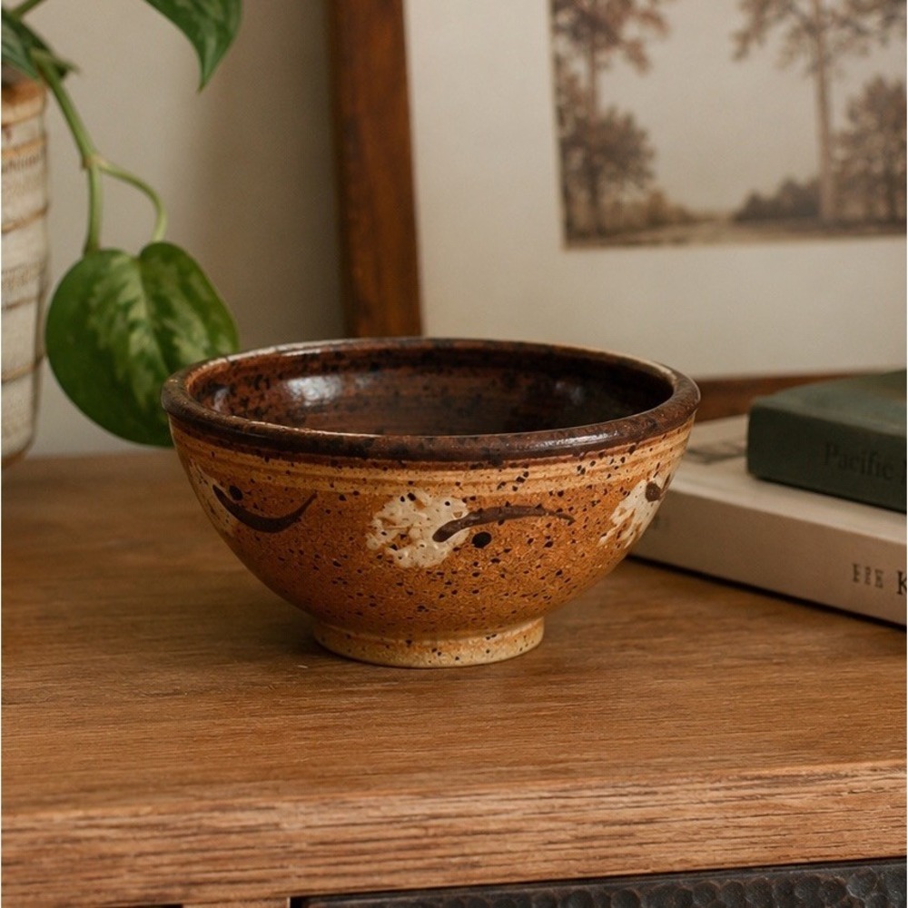 Handmade Studio Pottery Bowl Speckled Brown Glaze Signed Rustic Stoneware